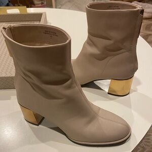 Chic Nude Beige Heeled Boots with Gold Accents